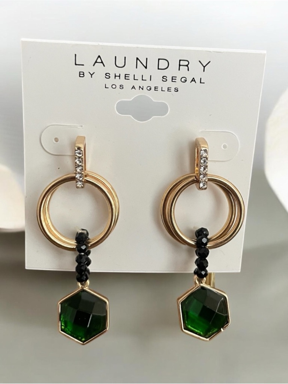 Gold Hoop Earrings with Green and Black Accents